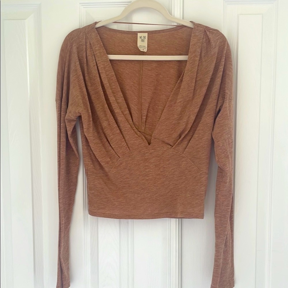 We The Free Brown Fitted Ruched Long Sleeve Blouse